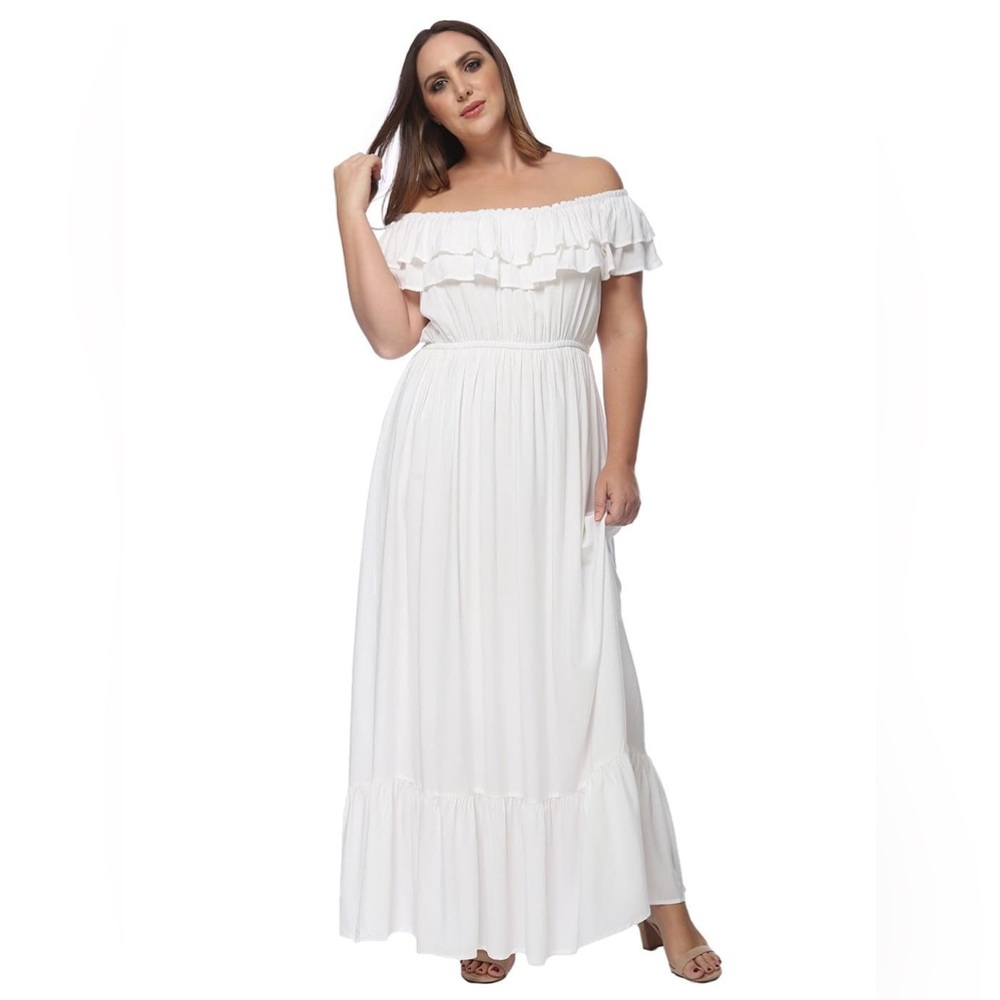 NWT Anna-Kaci White Grecian Ruffle Stretch Maxi Long Dress
